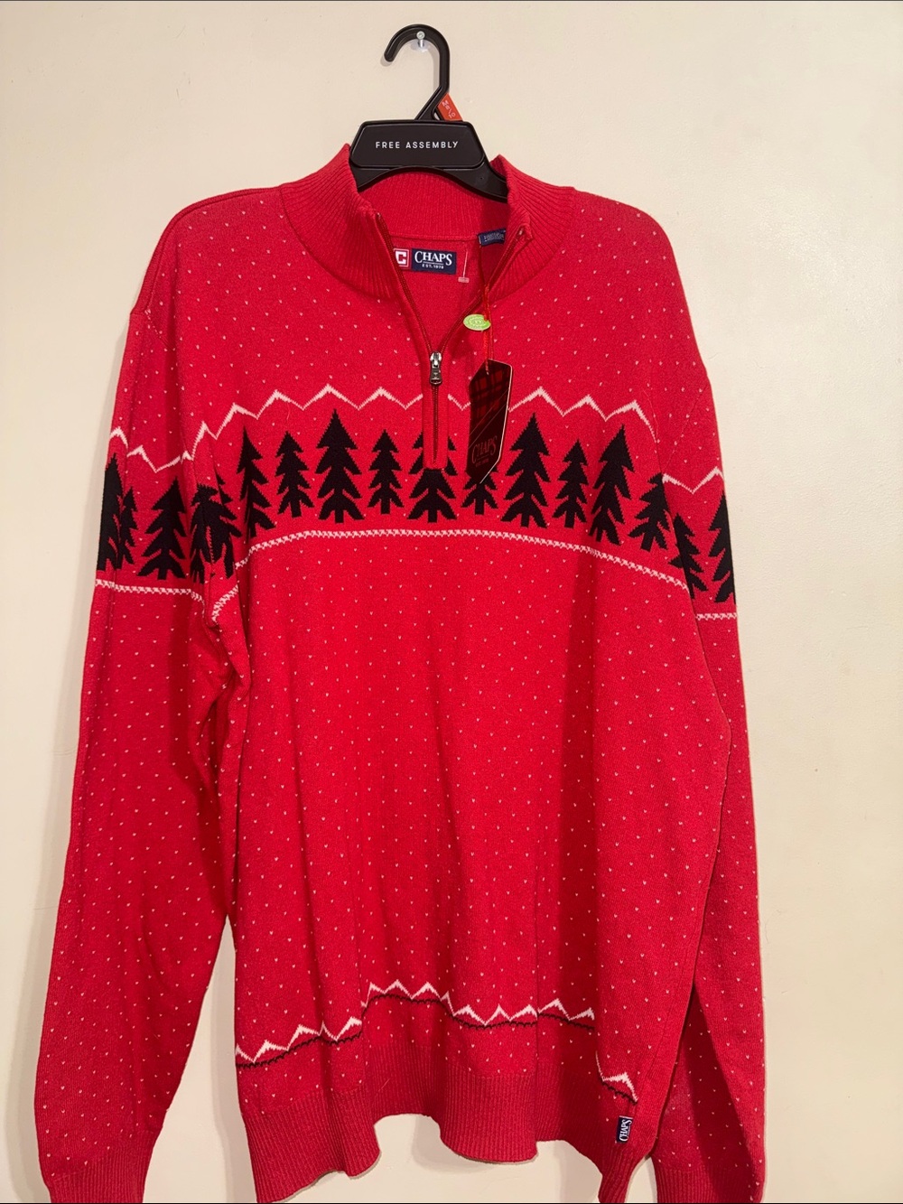 Chaps Red Zip-Up Sweater with Black Tree Pattern